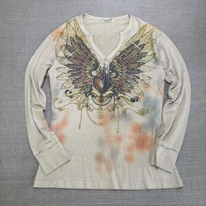 Y2K Long Sleeve Grunge Henley Shirt w/ Winged Heart Feathers Small Graphic tee